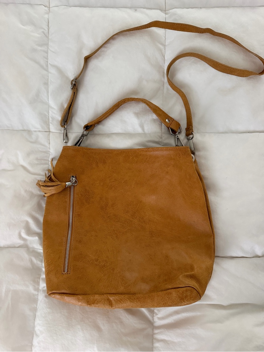 Tan Convertible Women’s Satchel with Front Zip Pocket, 2 inner zip pockets